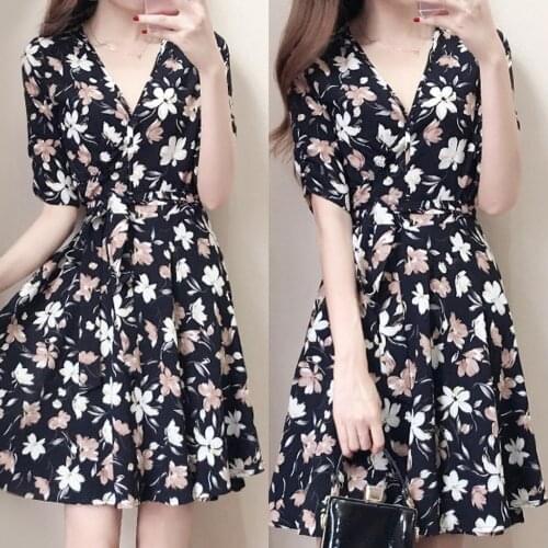 Fashion Women Sexy Knee Length Short Sleeve Printing V-neck Sweet Floral Black Summer Dress Sukienka Vestidos De Verano #30