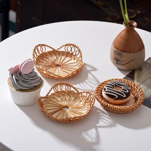 Rattan Woven Storage Tray Desktop Cup Coaster Fruit Holder Photography Props