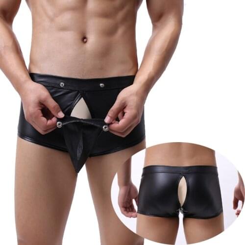Sexy Mens Boxer Shorts Gay Underwear Sexy Erotic Temptation Open Crotch Boxers Man U Leather Big Penis Pocket Mens Boxershorts