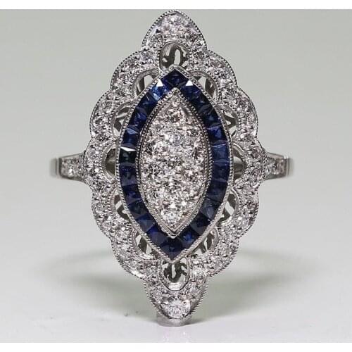 Antique Art Deco Big 925 Silk Victorian Jewelry Sterling Silver Sapphire and Diamond Ring Bridal Wedding Marriage Engagement
