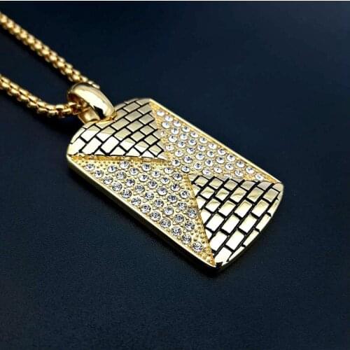 Hip Hop Rhinestones Paved Bling Iced Out Gold Color Stainless Steel Pyramid Pendant Necklace for Men Rapper Jewelry
