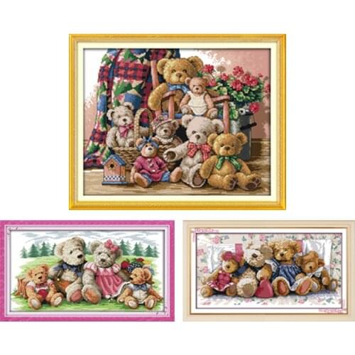 Teddy Bear Family Cartoon Toy Painting Counted Printed On Canvas DMC 11CT 14CT Chinese Cross Stitch kit Embroider Needlework Set
