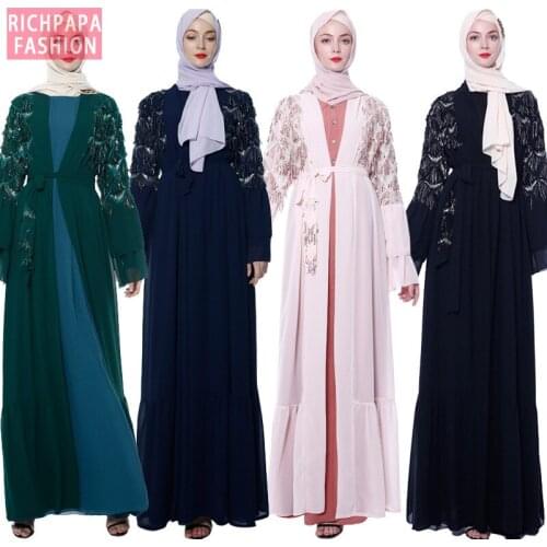 Turkey Kimono Muslim Hijab Dress Kaftan Abayas for Women Caftan Robe Musulmane Femme Islamic Clothing Sequin Open Dubai Abaya