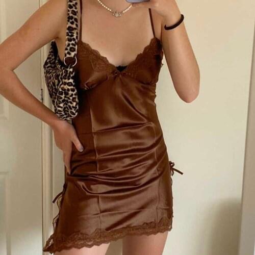 Y2K Brown Satin Dress Women With Split Summer Patchwork Lace Dress Slip Bandage Mini Sundress V Neck Strap Club