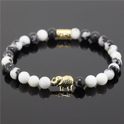 2PCS Girl Size Strand Bracelet Jewelry,Black And White Zebra Natural Stone Beads Antique With 24K Elephant Bracelet