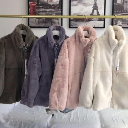 Women Jacket Light Style Stand-up Collar Rex Rabbit Fur Grass Women Fashionable Solid Color Furry Short Coat Simple Casual ZS129