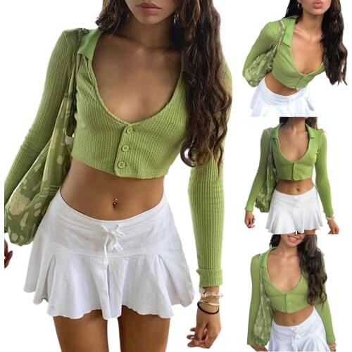 Womens Button Down Lapel Shirt, Sexy Long Sleeve Solid Color Slim Fit Crop Tops 2021 New Fashion