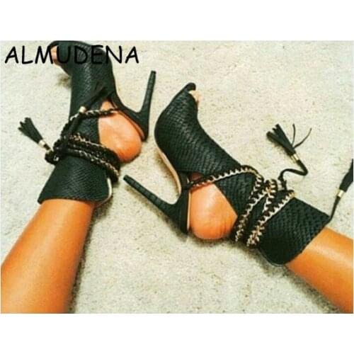 Peep Toe Snakeskin Python Chain Lace-up Fringe Thin High Heel Women Shoes Solid Casual Black Red Nude Green Sexy Fashion Sandal