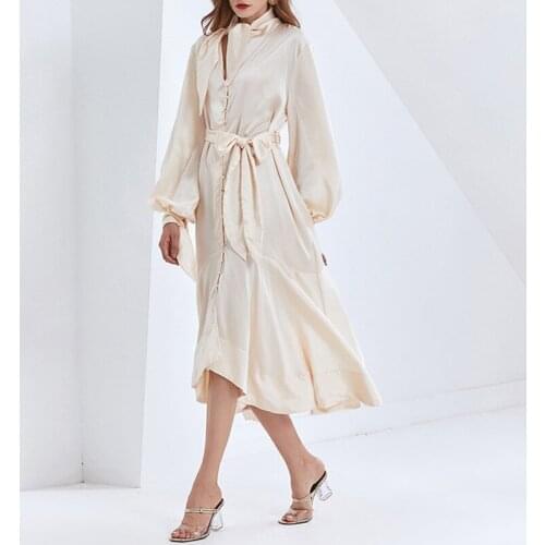 Comfortable Soft Fabric Women Irregular Dress 2021 Spring Lantern Sleeves High Waist Single Breasted Dresses Smooth Drap Dress