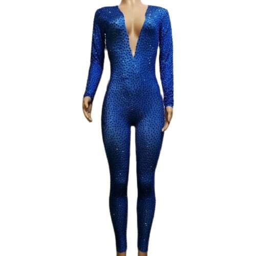 Flashing Full Blue Diamonds Women Stretch Bodysuit Birthday Celebrate Party Outfit Long Sleeve Jumpsuit Nightclub Costumes