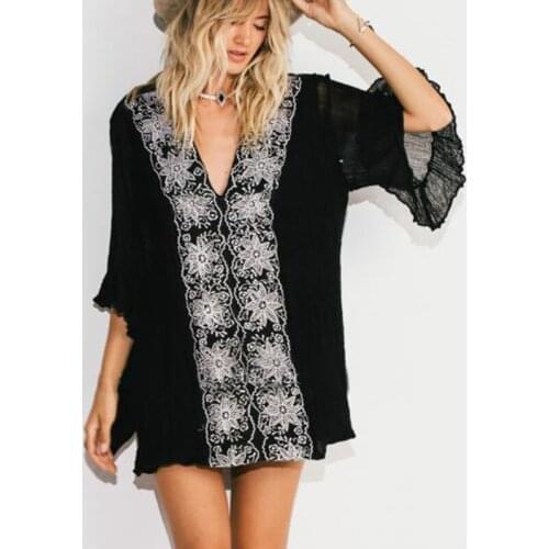 Embroidered Rayon Mini Dress Women V-neck Long Sleeves Vintage Loose Black Floral Dresses Summer Casual High Street Sexy Dresses