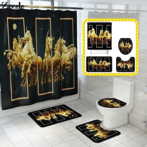 4PCS Bath Mat Set New Chinese Style Horse Anti-slip Soft Bath Mat Combination Floor Mat Polyester Shower Curtain with Hooks Set