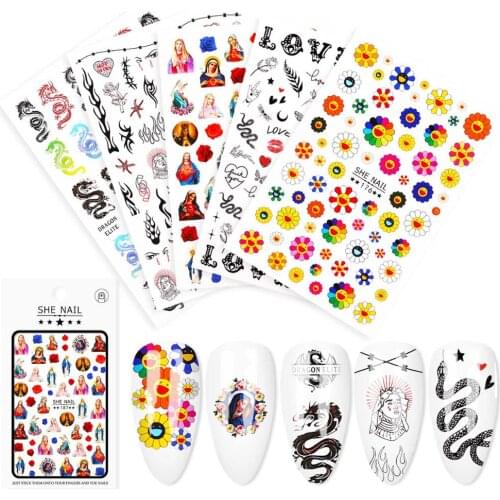 5sheet Nails 3D Nail Art Sticker Flower Jesus Angel Self Adhesive Nail Decal Stickers Salon Tips Manicure Decoration