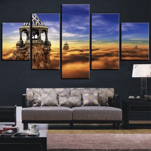 5 Pieces Bell Tower Building Canvas Painting Sky Posters Landscape For Home Improvement Decor Modern Furniture Artwork