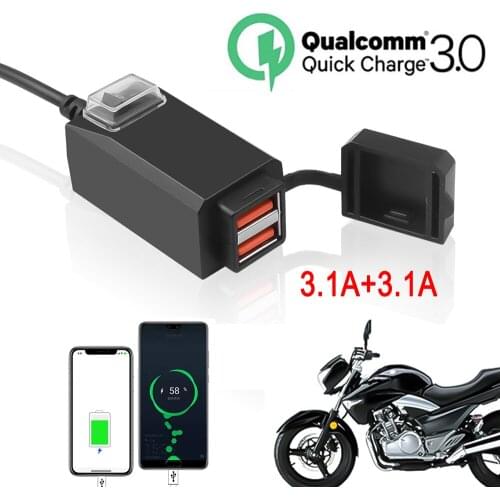 9-24V Waterproof Motorcycle Handlebar Dual USB Charger QC3.0 5V-1A/3.1A Adapter Power Supply Socket for Phone Navigation