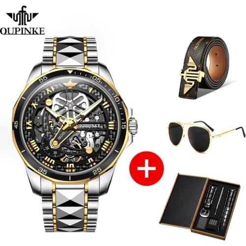 OUPINKE Automatic Watch Men Sapphire Glass Skeleton Menchanical Wristwatch Men Steampunk Tunsten Steel Business Luxury Watch