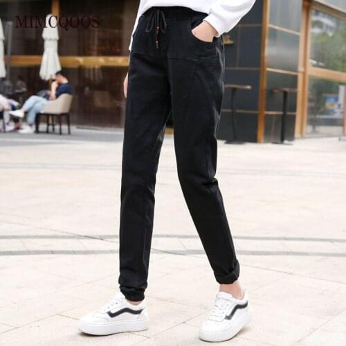2020 Autumn Winter Long Jeans Female Dad Pants Tall Girls Harem Pants Elastic Waist 170 180 Women Black Pants Loose Trousers