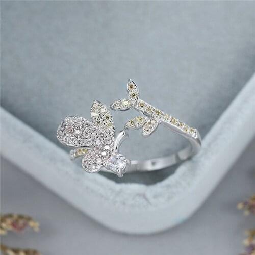Cool Female White Zircon Stone Ring Charm Silver Color Adjustable Engagement Ring Cute Crystal Butterfly Wedding Rings For Women