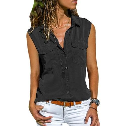 Summer Ladies Shirt Solid Color Pocket Button Lapel Sleeveless Shirt Women Clothing Women Shirts