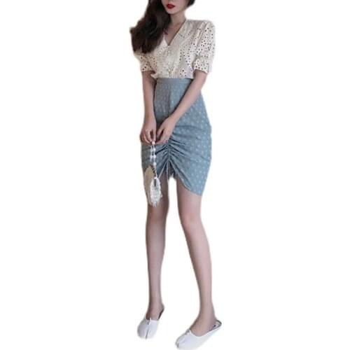 PERHAPS U Sweet polka Print Drawstring Mini Skirt High Waist Chiffon Boho Skirt Women High Waist Chiffon Boho Summer Skirt S3003