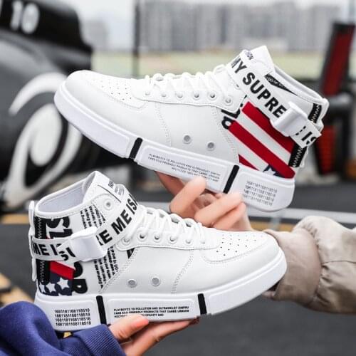 Mens Vulcanized Shoes Autumn Leather High-top Buckle Sneakers Couple Black And White Casual Skateboard Shoes Zapatos Size 35-44