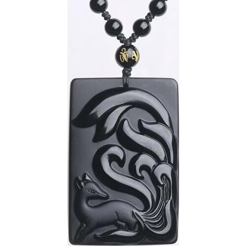 Men Necklace Pendant Natural Black Ice Obsidian Stone Carved Fox Nine-tailed Fox Pendant Free Chain for Male Fine Jade Jewelry