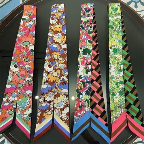 2021 NewScarf For WomenDouble-sided Sunflower flower Bag Scarf Brand Silk Foulard Women Tie Fashion Belt Head Scarves For Ladies