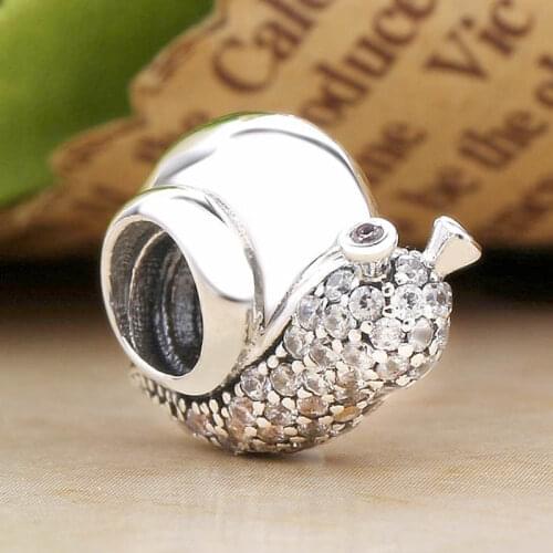 Original Cute Sparkling Snail With Orchid Pink Crystal Beads Fit 925 Sterling Silver Charm Bracelet Bangle Diy Jewelry