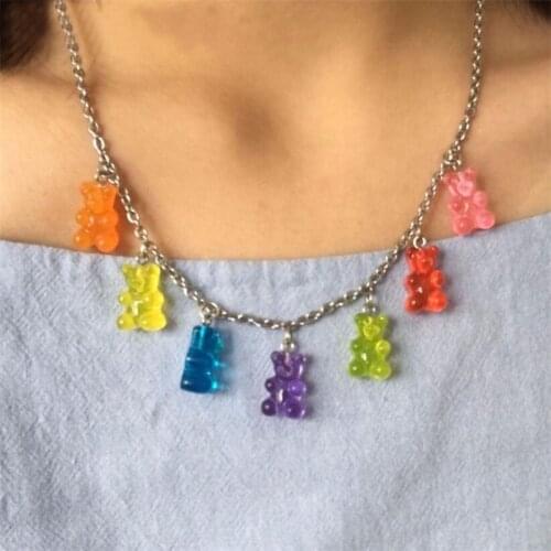New Fashion Resin Transparent Candy Color Cartoon Bear Necklace Personalized Fashion Sweater Chain