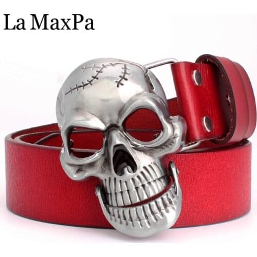 Skull belt men skeleton belt cool skull head Cowhide leather belt punk rock big buckle hip hop style show decorative waistband