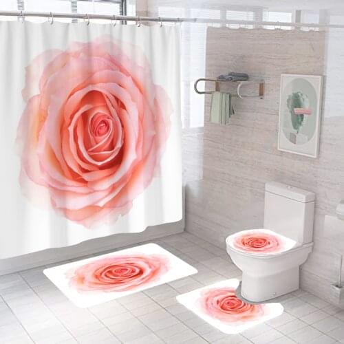 Pink Big Rose Shower Curtain Flower With Non Slip Rug Mat Bathroom Curtains Waterproof Polyester Bathroom Curtain with Hooks