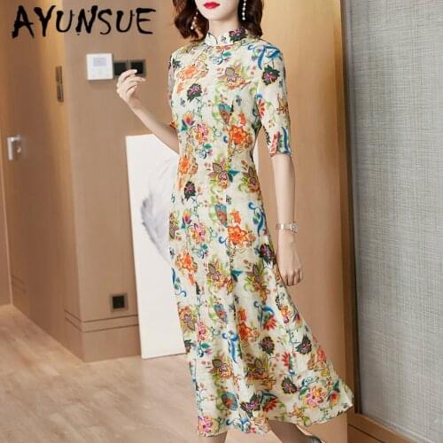 Silk Dress for Women Print Floral Dresses Fashion Midi Women Summer Dress Fashion Elegant Vintage Vestido Mujer P9415 YY2528
