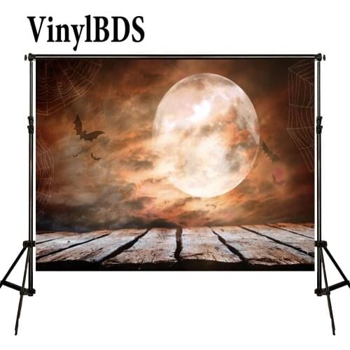 VinylBDS Children Halloween Background Terror Spider Web Bat Backdrops Bokeh Night Moon Backdrops Vintage Wood Floor Baby Photo