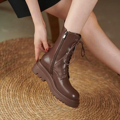 YMECHIC Ankle Combat Boots for Women 2021 Autumn Fashion Thick-soled Lace-up Comfortable Motorcycle Short Botas Shoes Black Hot