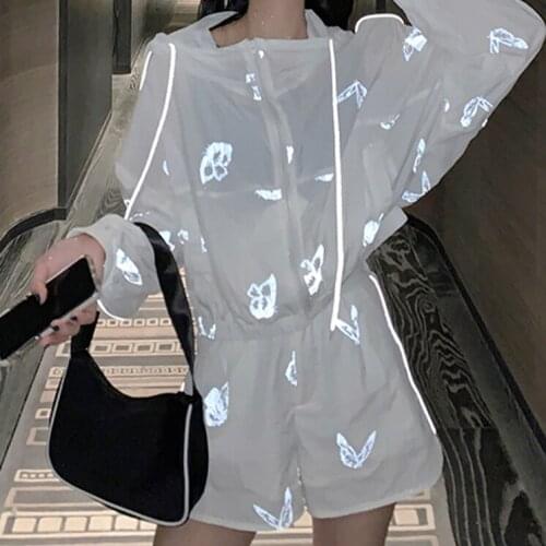 Women Summer Two Piece Sets Hooded Thin Loose Top and Short Pants Butterfly Reflective Girl Sexy Streetwear Gothic Sportswear