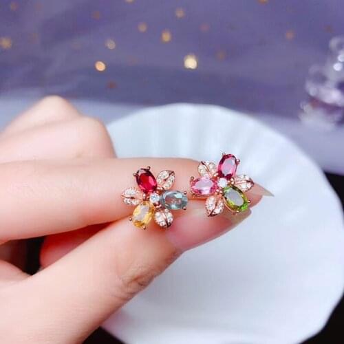 Cute Romantic S925 Natural Tourmaline Stud Earrings For Women Sterling Silver Fine Jewelry For Anniversary With Gift Box