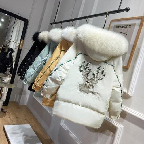 Down jacket women 2021 new winter back embroidery pattern fashion big fur collar thick short white duck down hooded jacket