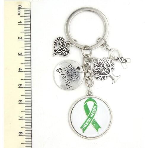 10PCS Wholesale Green Ribbon Mental Health Cancer Awareness Jewelry Never give up hope Charms Key Chain Keyrings Gifts