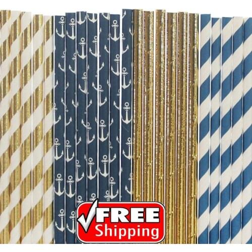 200pcs Mixed 4 Styles Navy Blue Gold Foil Themed Paper Straws-Anchor,Plain,Solid Color,Stripe-Boy Birthday Nautical Party Bulk