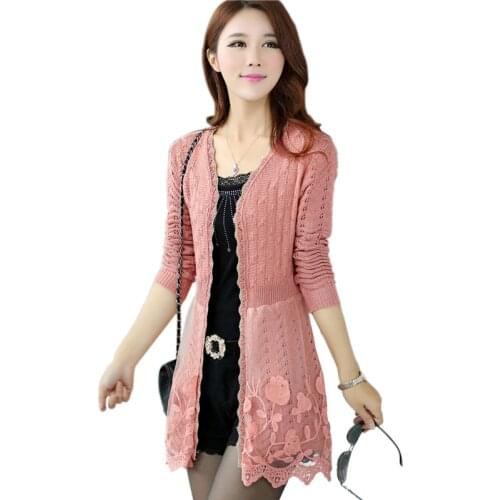 2019 Girl Casual Long Knitted Cardigan Spring Autumn Korean Women Loose Solid Color Lace Design Sweater Plua Size M-3XL PZ1703