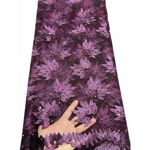 2020 African Net Lace Fabric, High Quality Elegant Nigerian Wedding Lace Fabrics 5Yards Stones French Tulle lace YLM036 purple