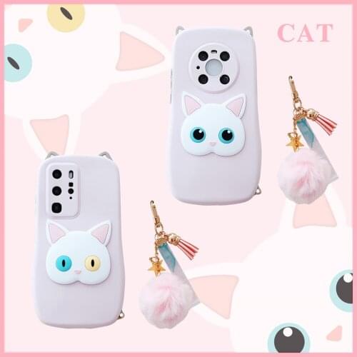 3D Cute black white pink Cat Cool phone case For HUAWEI P40 pro mate 30 40 pro max Girl style soft cover With HairBall Lanyard