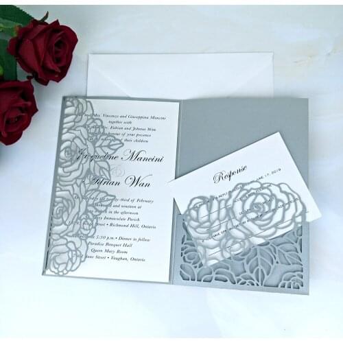 50pcs Silver Pearl Plum Laser Cut Pocket Wedding Invitation with RSVP Card Customized Printing Bridal Shower Invites