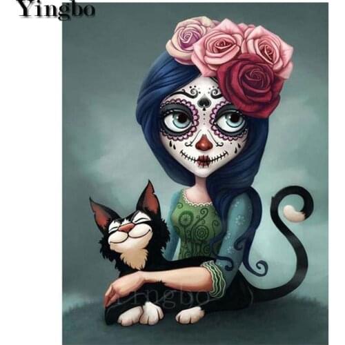 5d Diy Diamond Painting full square round halloween girl and cat diamond mosaic diamond embroidery rhinestones pictures