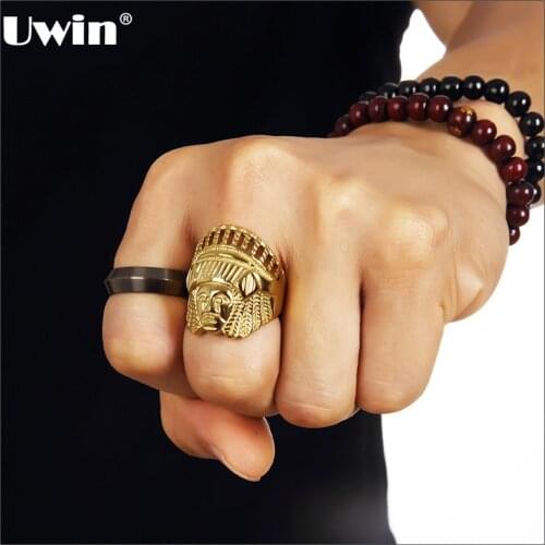 Big Mens Stainless Steel Gold Color Tribal Native Indian Chief Head Ring Big Band Ring Size 7-14 Available Hip Hop Ring