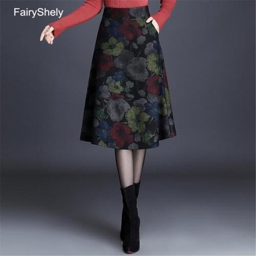FairyShely 2020 High Waist Print Skirt Women Autumn Winter Office Lady Pocket Woolen Knee Skirt Female Black Midi Skirt