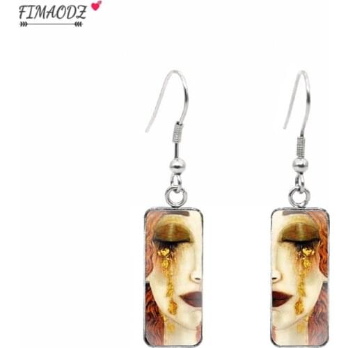FIMAODZ 2021 The Kiss Gustav Klimt Rectangular Earrings for Women Girls Mother Baby Photo Glass Paintings Fish Hook Earring