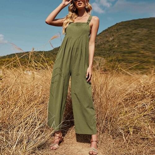 Sling Sleeveless Wide-Leg Straight Trousers Jumpsuits Women Splicing Pleated Ladies Cotton Loose Romper Summer Holiday Jumpsuit