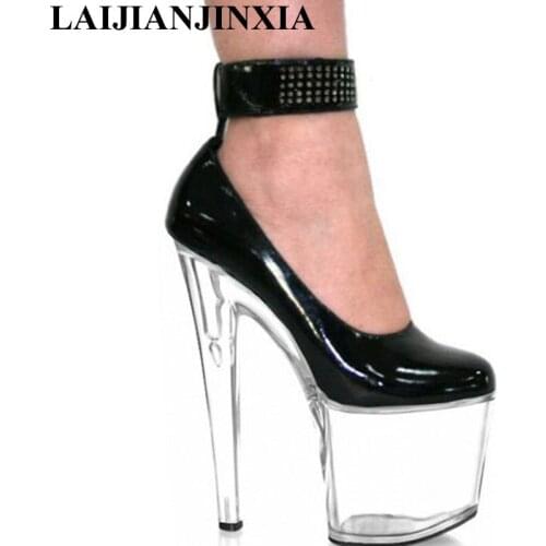LAIJIANJINXIA New 20CM Sexy Ultra High-Heeled Shoes Performance Shoes Platform Black Leather Single Shoes Fashion Crystal Shoes