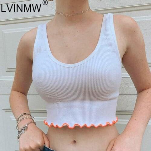 LVINMW Edible Three Fungus Elastic Slim Basic Sleeveless Tops Rib Casual Simple Round Neck Tank Women Patchwork Daily Girls Top